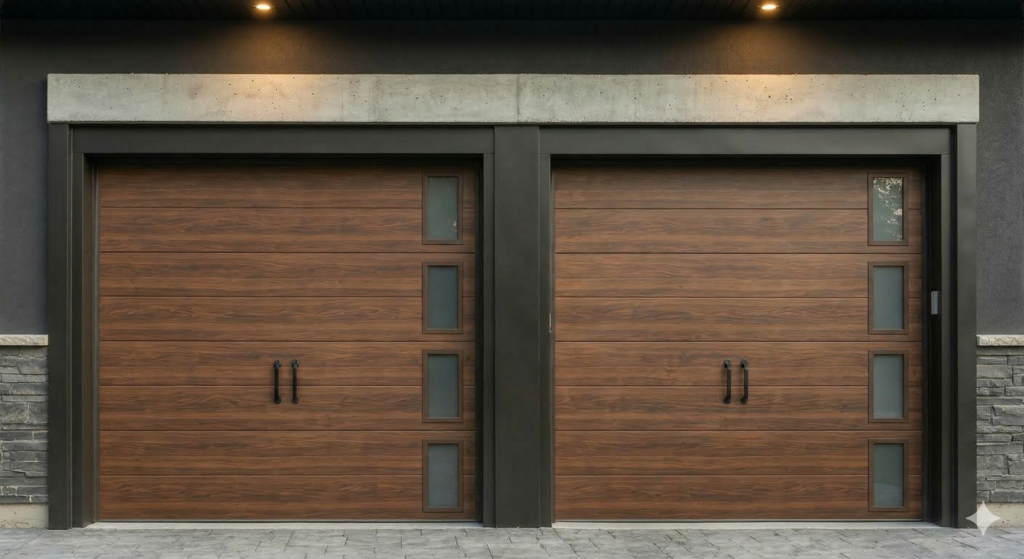 Modern Steel Garage Doors with Woodgrain Finishes